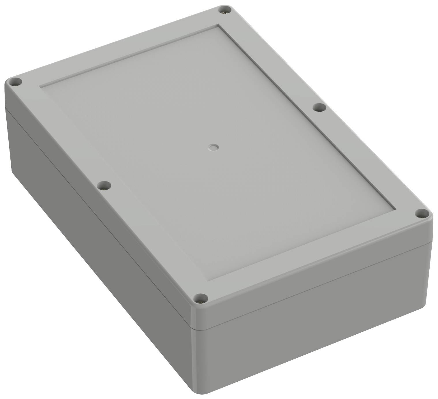 Rechteckiges graues Gehäuse mit abgerundeten Ecken und Schraubenlöchern an den Seiten, geeignet für elektronische Bauteile.