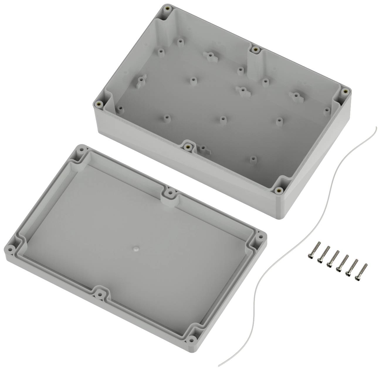 Graues Kunststoffgehäuse, zweiteilig, mit Schrauben und Dichtungsschnur. Ideal für Elektronikprojekte.