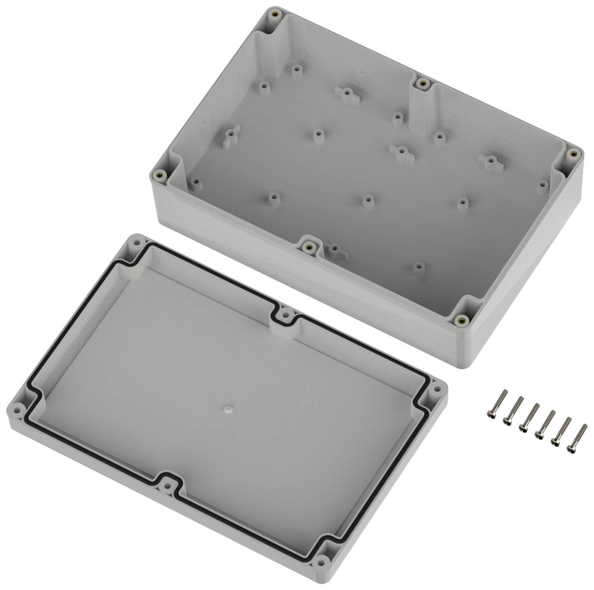 Gehäuse aus Kunststoff, geöffnet, mit sechs Schrauben. Geeignet für elektronische Bauteile, rechteckige Form, graue Farbe.