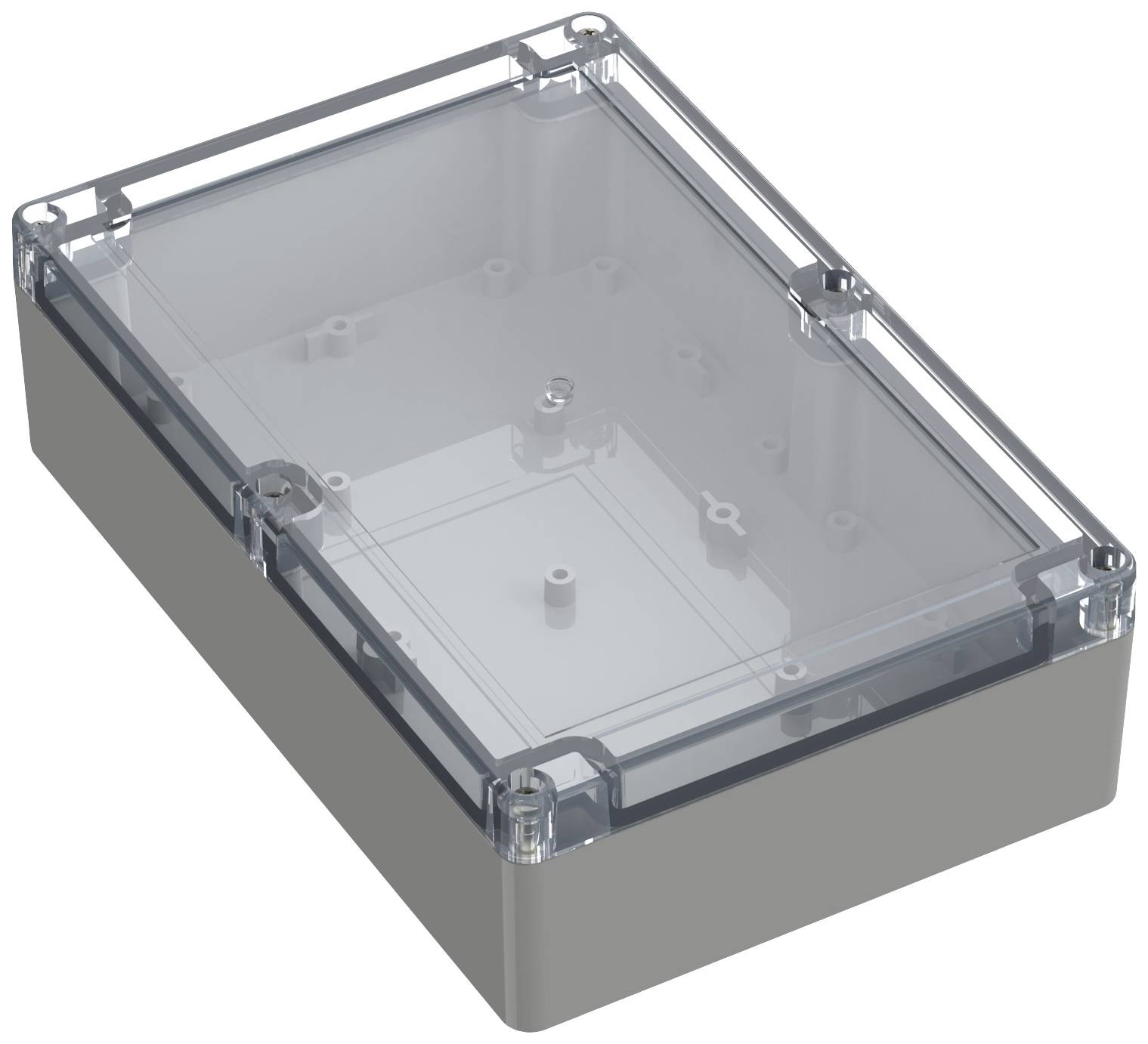 Eine transparente Kunststoffbox mit einem klaren Deckel. Sie zeigt innere Montagemöglichkeiten und ist für elektronische Komponenten gedacht.