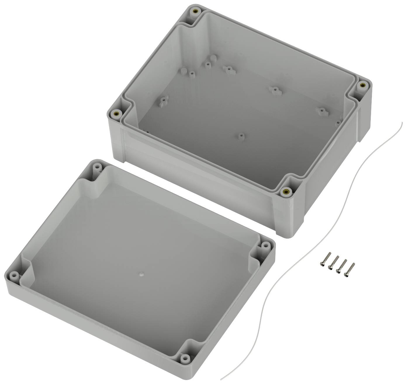 Graues rechteckiges Gehäuse aus Kunststoff, bestehend aus zwei Teilen, Deckel und Boden, mit vier Schrauben und einer Dichtung. Entworfen für Elektronikprojekte.
