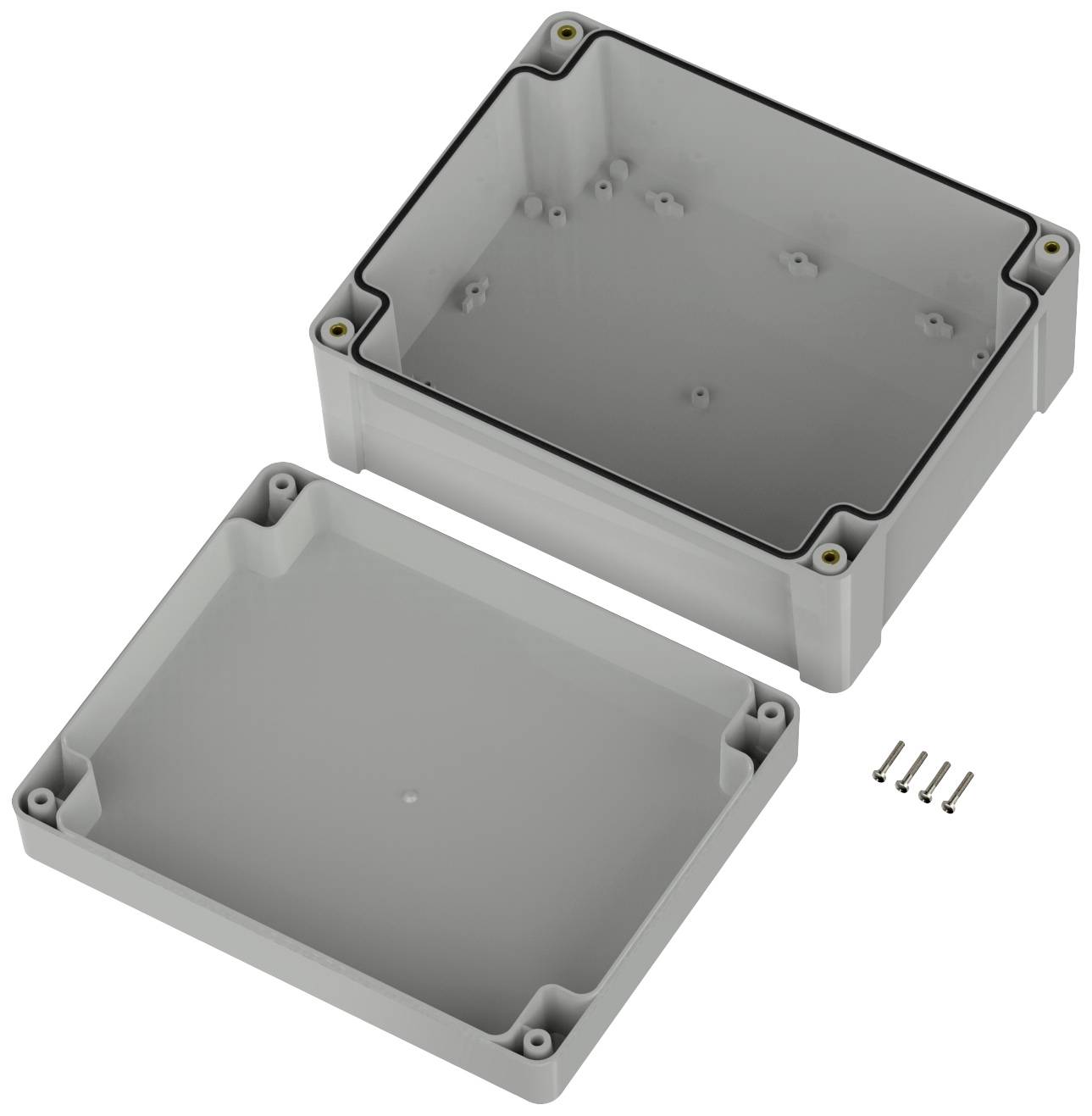 Grau Kunststoffgehäuse mit abgenommenem Deckel und vier Schrauben, geeignet für den Schutz elektronischer Komponenten.