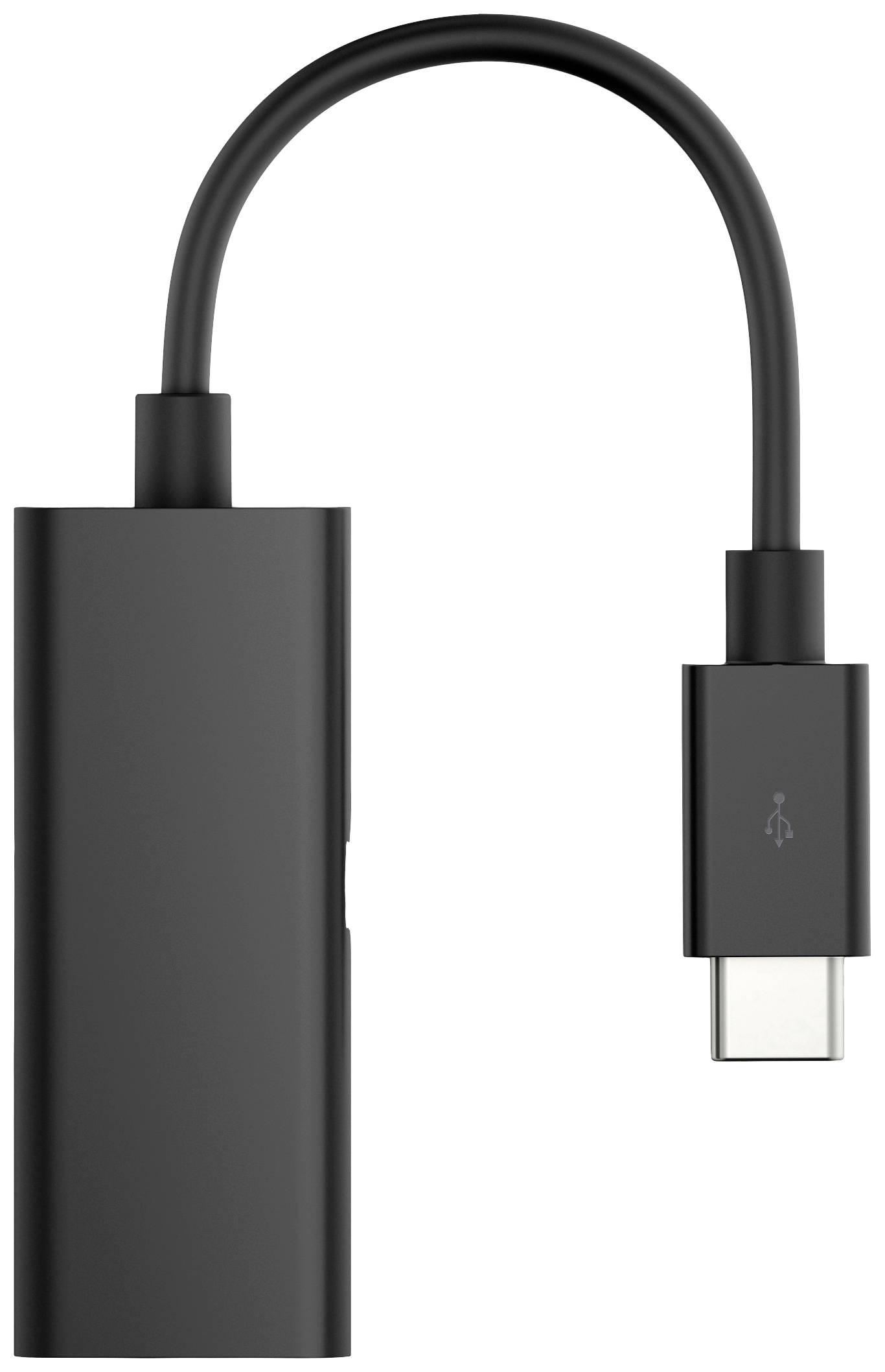 USB-C-zu-Ethernet-Adapter in Schwarz; flaches Design mit flexiblem Kabel. Ermöglicht Netzwerkverbindung für USB-C-Geräte.
