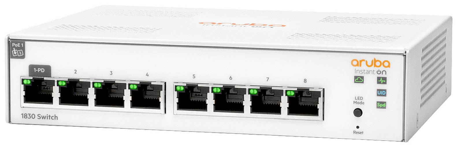 Netzwerkswitch mit 8 Ethernet-Ports, beschriftet mit Zahlen von 1 bis 8. LEDs zeigen Verbindungsstatus an. Marke “Aruba”.
