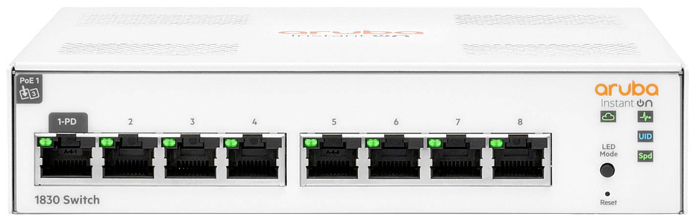 Ein weißer Netzwerk-Switch mit acht Ethernet-Ports, Markenname 'Aruba Instant On'.