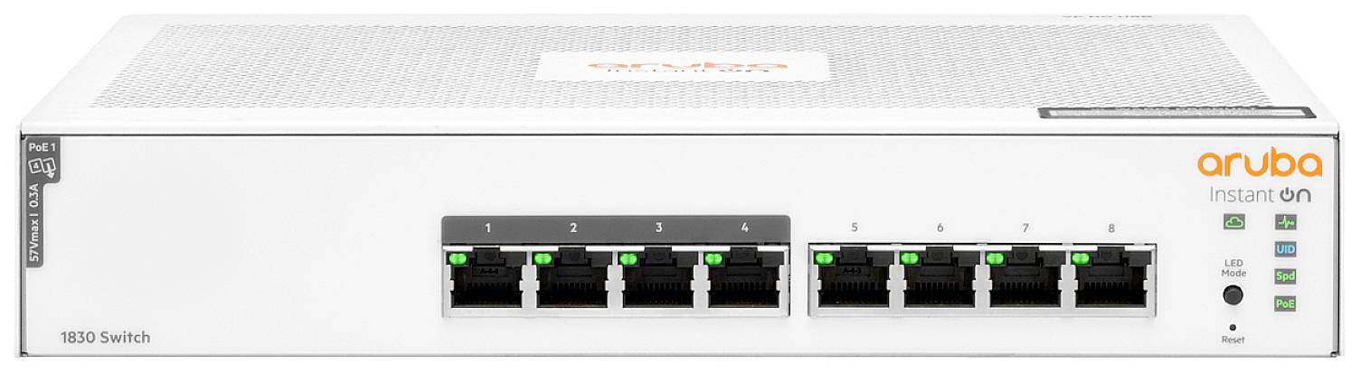 Ein weißer Netzwerk-Switch mit 8 Ethernet-Ports an der Vorderseite, beschriftet mit 'Aruba Instant On 1830 Switch'.