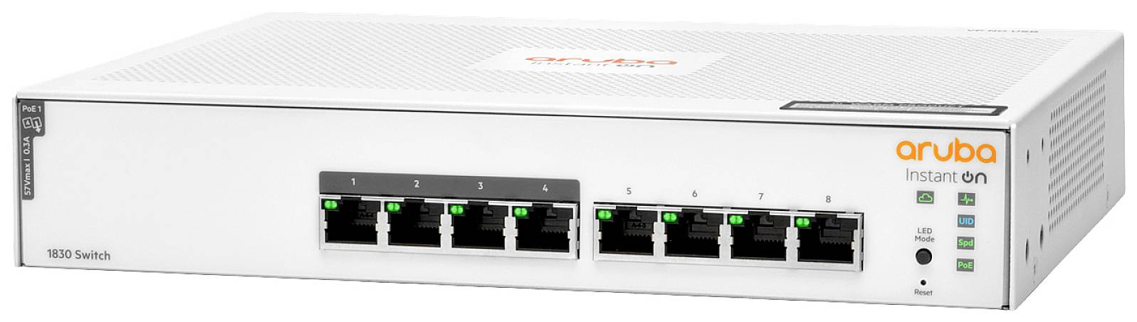 Netzwerk-Switch mit acht Ethernet-Ports, Hersteller-Logo 'aruba Instant On', LED-Anzeigen für Aktivität und Verbindung auf der Vorderseite.