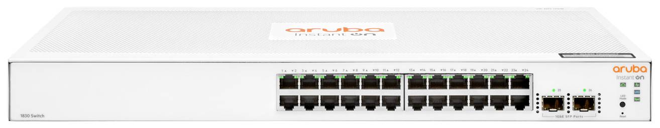 Ein weißer Netzwerk-Switch mit 24 Ethernet-Ports und zwei SFP-Ports, leuchtene Status-LEDs, Markenlogo 'aruba' oben.