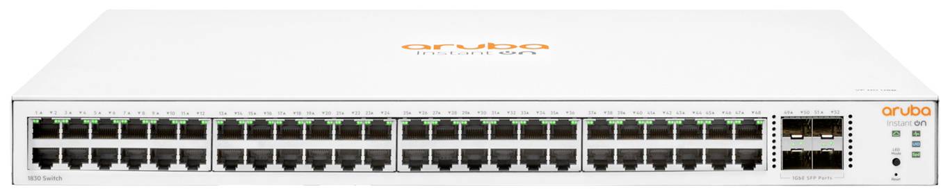 Weißer Netzwerk-Switch mit mehreren Ethernet-Ports, zwei SFP+-Ports und Markenlogo oben.