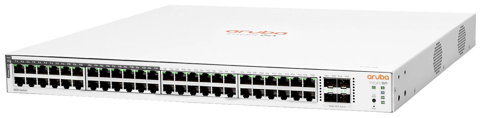 Ein Netzwerk-Switch mit 48 Ethernet-Ports und zwei zusätzlichen SFP-Ports. Das Gerät ist weiß und rechteckig.