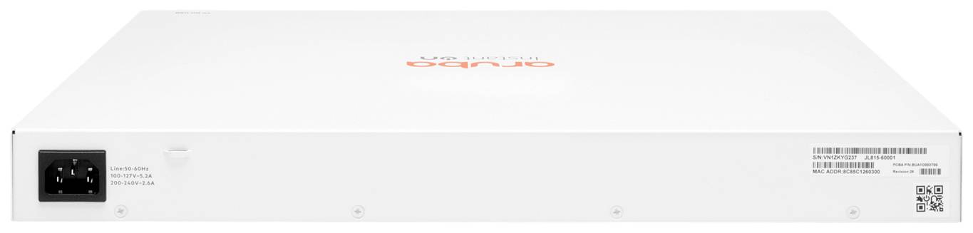 Ein weißes Netzwerkgerät mit Aruba-Logo, Rückseite zeigt Netzanschluss und verschiedene Anschlüsse.