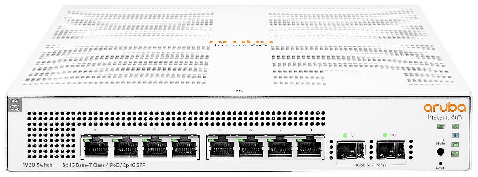 Ein 'Aruba Instant On 1930 Switch' mit 8 Ethernet-Ports und 2 SFP-Ports. Netzwerk-Hardware für kleine Unternehmen.