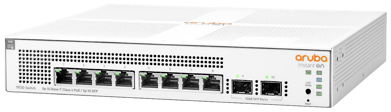 Netzwerk-Switch mit acht Ethernet-Ports und zwei SFP-Ports, geeignet für kleine bis mittlere Unternehmen, mit 'aruba instant on'-Kennzeichnung.