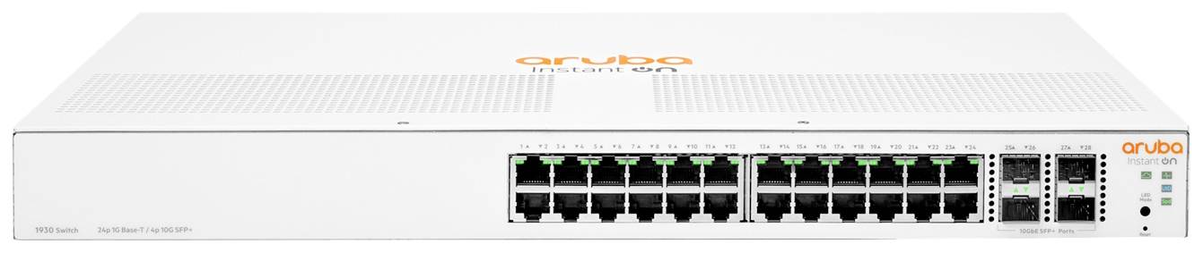 Netzwerkswitch mit mehreren Ethernet-Ports und LED-Anzeigen vorne, geeignet für den Einsatz in Unternehmensnetzwerken.