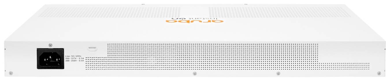 Weißes elektronisches Gerät mit Lüftungsschlitzen und einem Netzanschluss auf der Rückseite, gekennzeichnet mit 'aruba'.