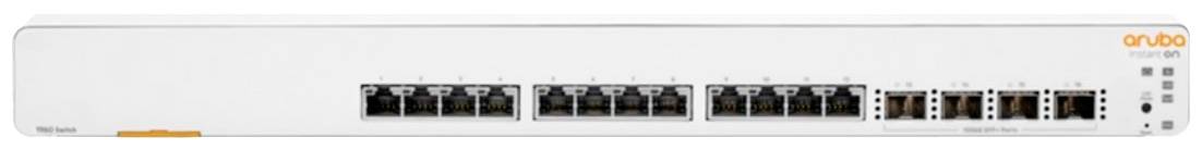 Ein Netzwerk-Switch mit mehreren Ethernet-Ports. Oben rechts ist ein orangefarbenes Logo.