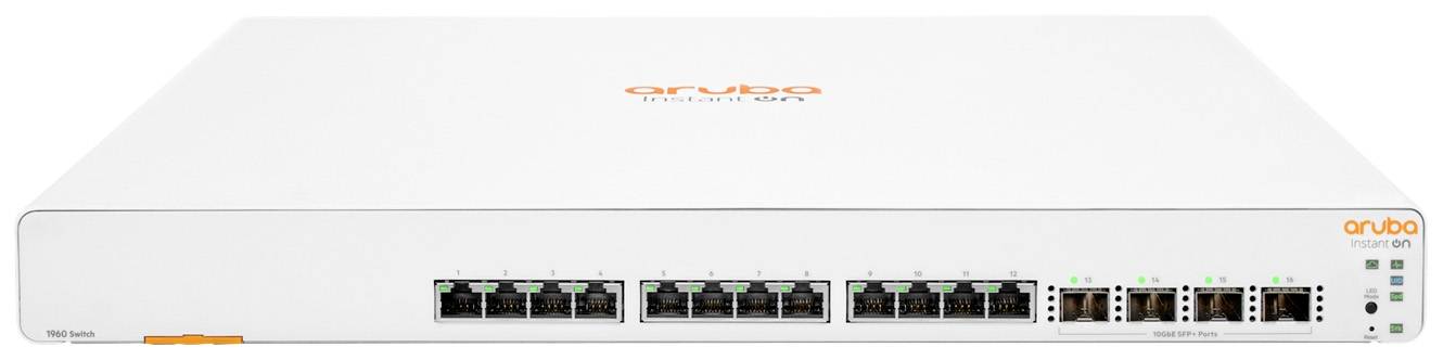 Ein Netzwerk-Switch mit einem weißen Gehäuse und mehreren Ethernet-Ports auf der Vorderseite. Markenlogo 'Aruba' ist oben sichtbar.