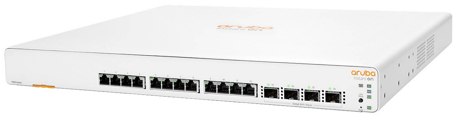 Ein Weißer Netzwerkswitch mit mehreren Ethernet- und Glasfaseranschlüssen sowie LED-Anzeigen auf der Vorderseite.