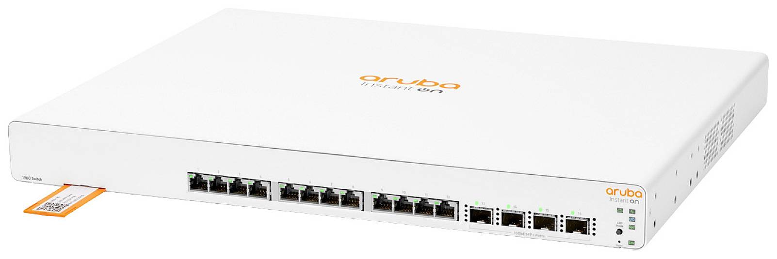 Ein weißer Netzwerk-Switch mit mehreren Ethernet-Anschlüssen an der Vorderseite, markiert mit 'Aruba Instant On'.