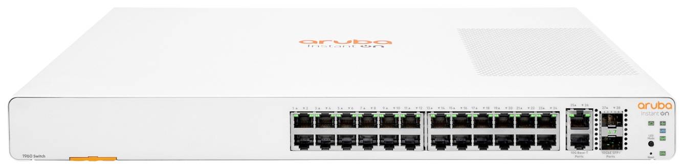 Ein weißer Aruba-Netzwerkswitch mit mehreren Ethernet-Ports an der Vorderseite, geeignet für den Einsatz in Unternehmensnetzwerken.