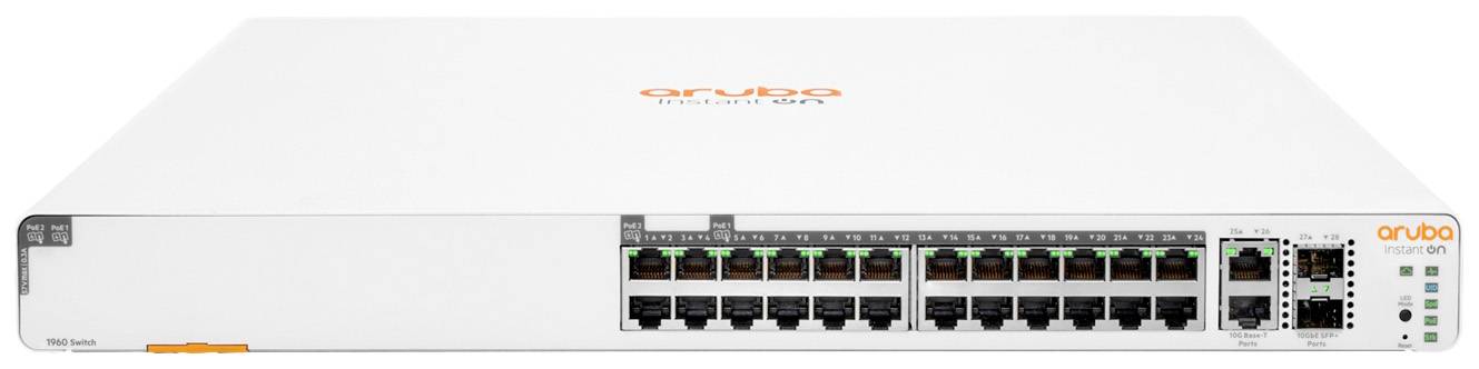 Ein weißer Netzwerk-Switch mit mehreren Ethernet-Ports und Lichtern zeigt den Markennamen 'Aruba'.