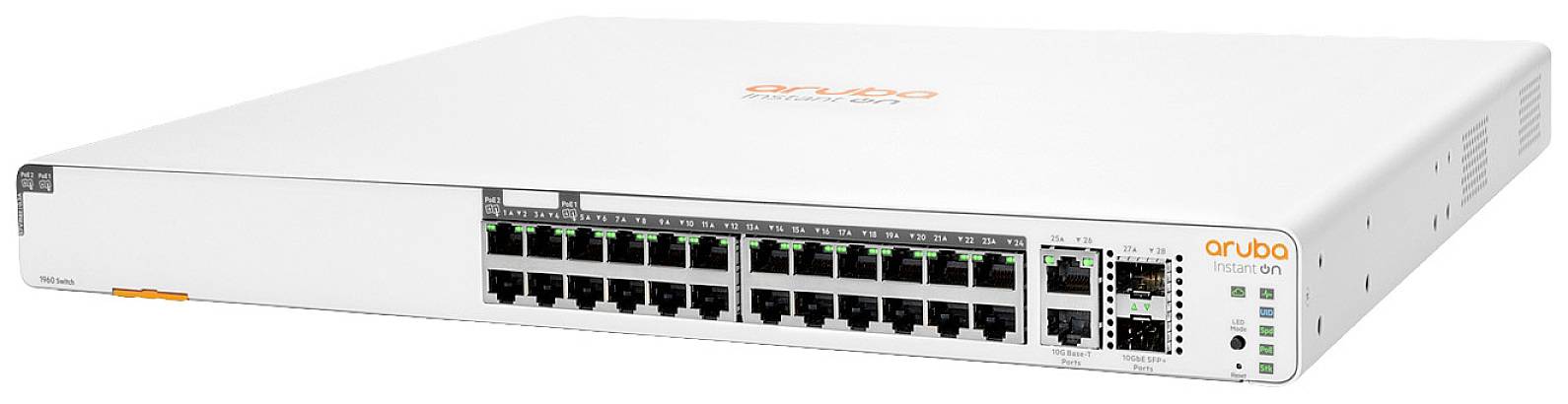 Ein weißer Netzwerk-Switch von 'Aruba' mit 24 Ethernet-Ports und zwei SFP+ Ports auf der Vorderseite, geeignet für Unternehmensnetzwerke.