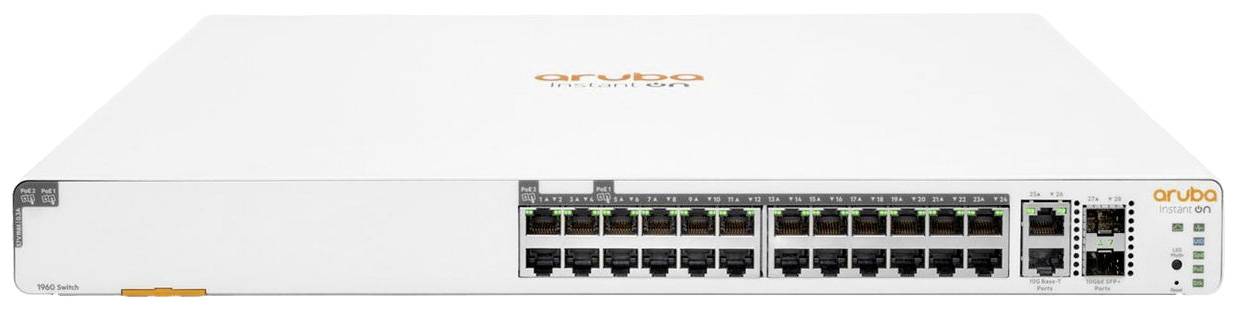 Weiße Netzwerk-Switch mit 24 Ethernet-Ports und mehreren Schnellzugriff-LED-Anzeigen, Markenlogo oben auf dem Gerät.