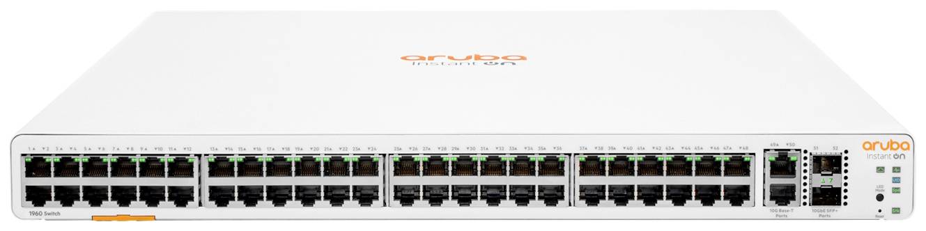 Netzwerkswitch mit 48 Ethernet-Ports und 4 SFP-Ports, geeignet für Unternehmensnetzwerke. Modellnummer und Herstellerlogo oben sichtbar.