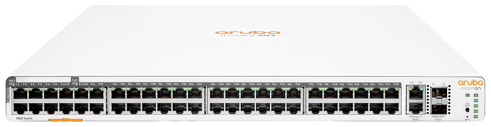 Netzwerkswitch von Aruba mit mehreren Ethernet-Ports, geeignet für die Verwaltung von Netzwerkverbindungen in Unternehmen.