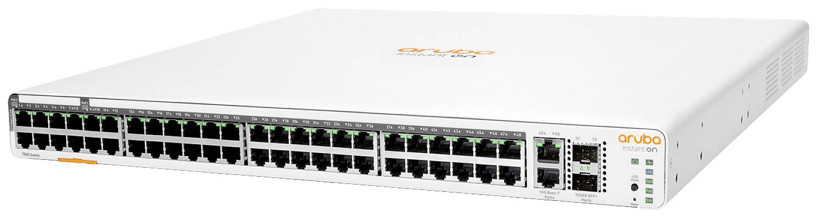 Ein Netzwerk-Switch mit mehreren Ethernet-Ports, erkennbar durch das 'Aruba' Logo oben. Geeignet für IT-Infrastrukturen.