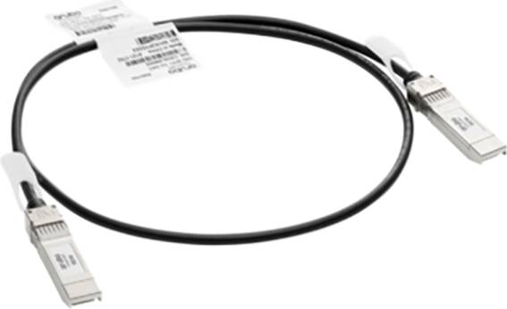 Zwei SFP-Verbindungskabel mit silbernen Steckern und schwarzem Kabel, die zum Vernetzen von Netzwerkgeräten verwendet werden.