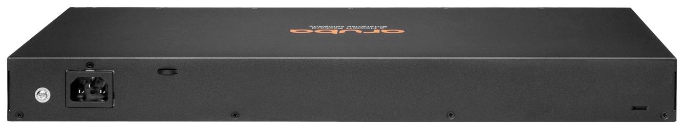 Ein schwarzer Netzwerk-Switch mit der Aufschrift 'Aruba, a Hewlett Packard Enterprise company' auf der Oberseite.