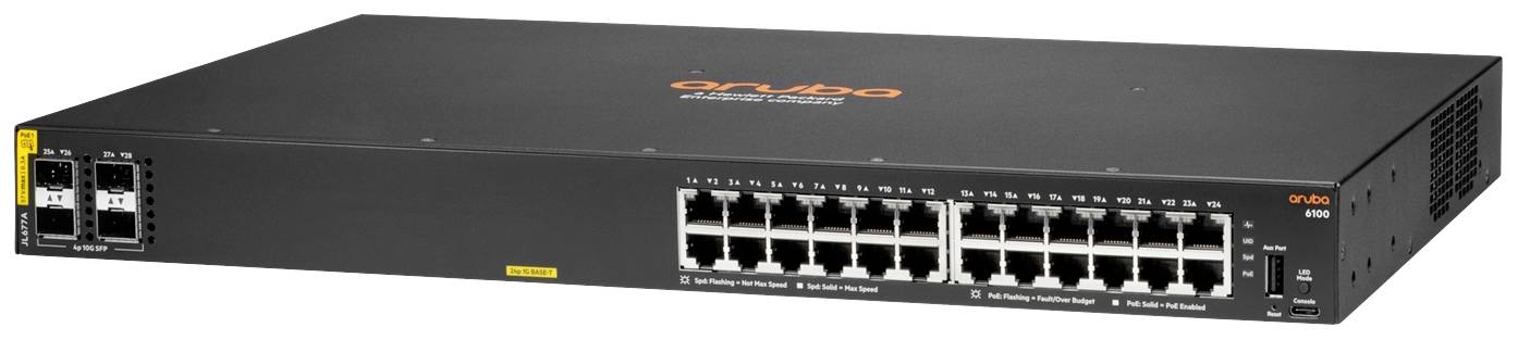 Schwarzer Netzwerk-Switch mit 24 Ethernet-Ports und 4 SFP-Ports, Markenname oben. Gerät zur Verwaltung von Netzwerkverbindungen.