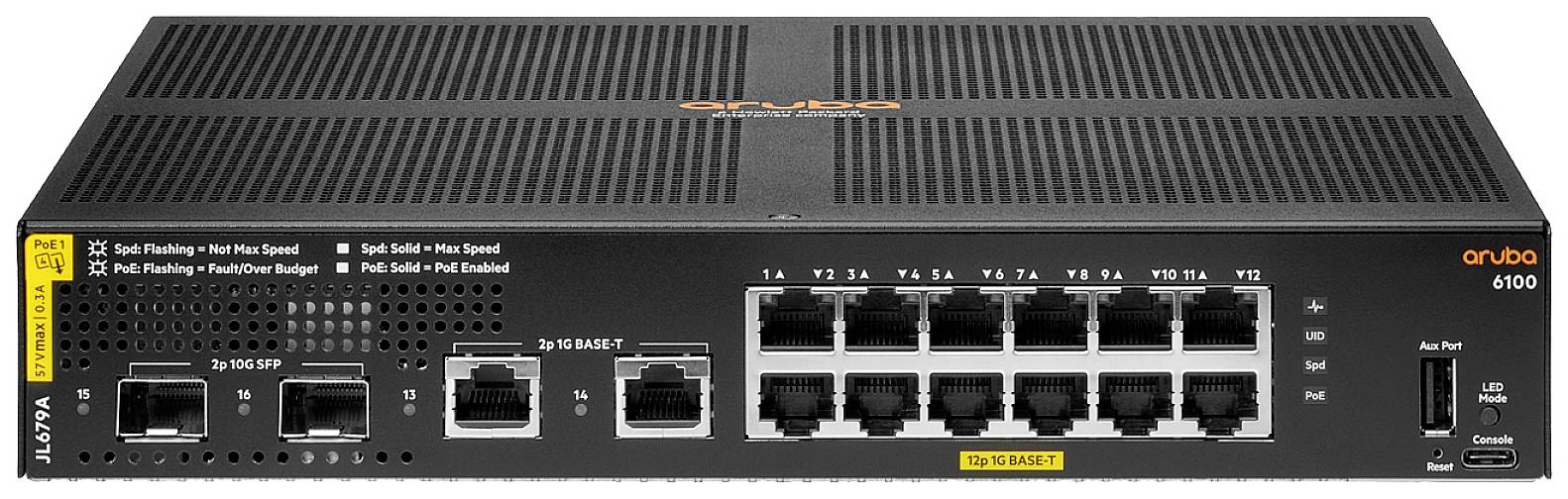 Ein schwarzer Netzwerk-Switch mit mehreren Ethernet-Ports und drei Glasfaser-Ports, Markenname oben und Angaben zu Geschwindigkeit und PoE.