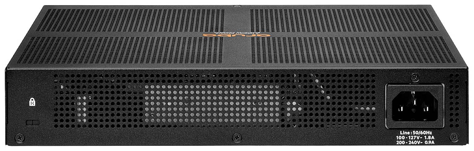 Schwarzes elektronisches Gerät mit Lüftungsschlitzen und Netzkabelanschluss. Text zeigt Stromspezifikationen: '100-127V~ 1A, 200-240V~ 0,6A'.