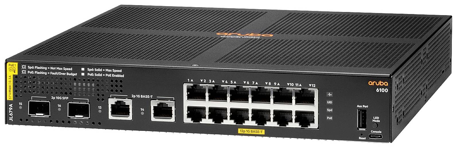 Ein schwarzer Netzwerk-Switch mit mehreren Ethernet-Ports auf der Vorderseite, beschriftet mit '2960X'. Markenlogo auf der rechten Seite.