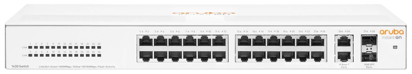 Ein Netzwerk-Switch mit 24 Ethernet-Ports und zusätzlichen Verbindungsmöglichkeiten, gekennzeichnet mit dem Logo von Aruba.