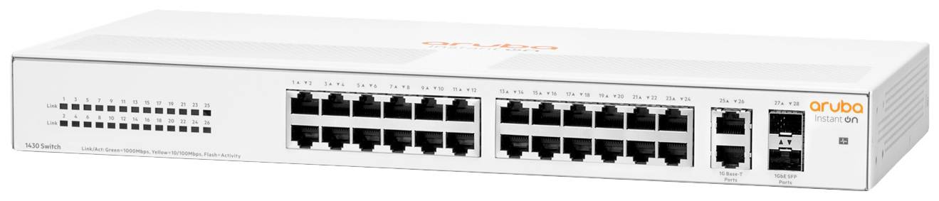 Ein weißer Netzwerk-Switch mit 24 Ethernet-Ports und zwei SFP-Ports, beschriftet mit 'aruba'. Entworfen für erweiterte Konnektivität.
