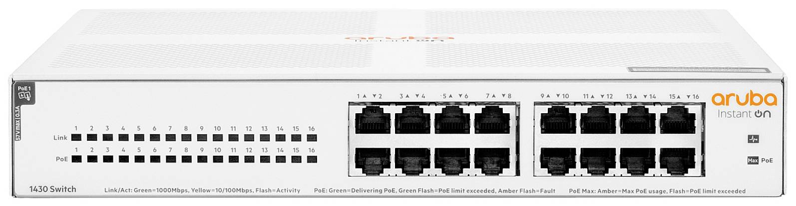 Ein weißer Aruba Instant On 1930 Switch mit sechzehn Ethernet-Ports, beschriftet und kategorisiert. Klarer Netzwerkgerätehintergrund.