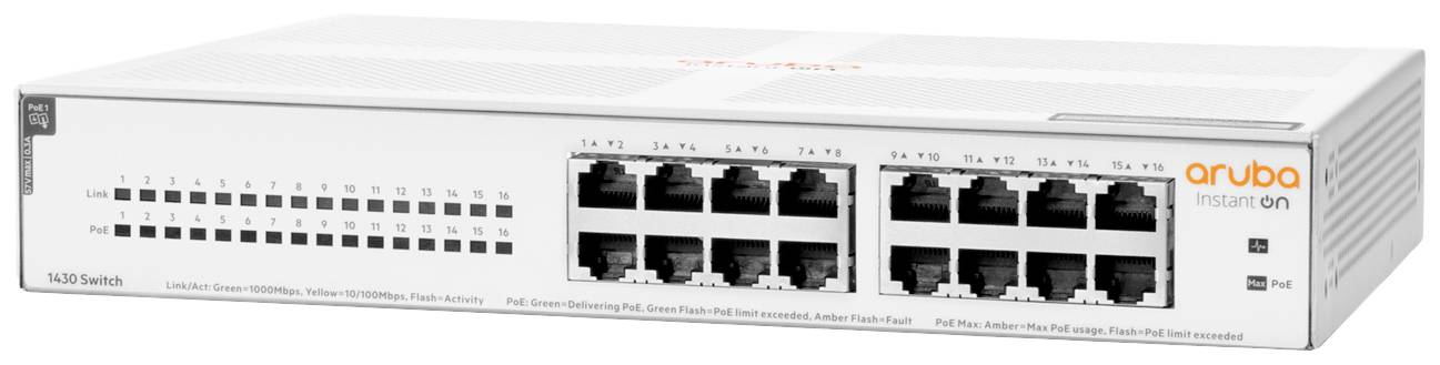 Ein weißer Netzwerk-Switch mit 24 Ethernet-Anschlüssen und der Aufschrift 'aruba instant on'.