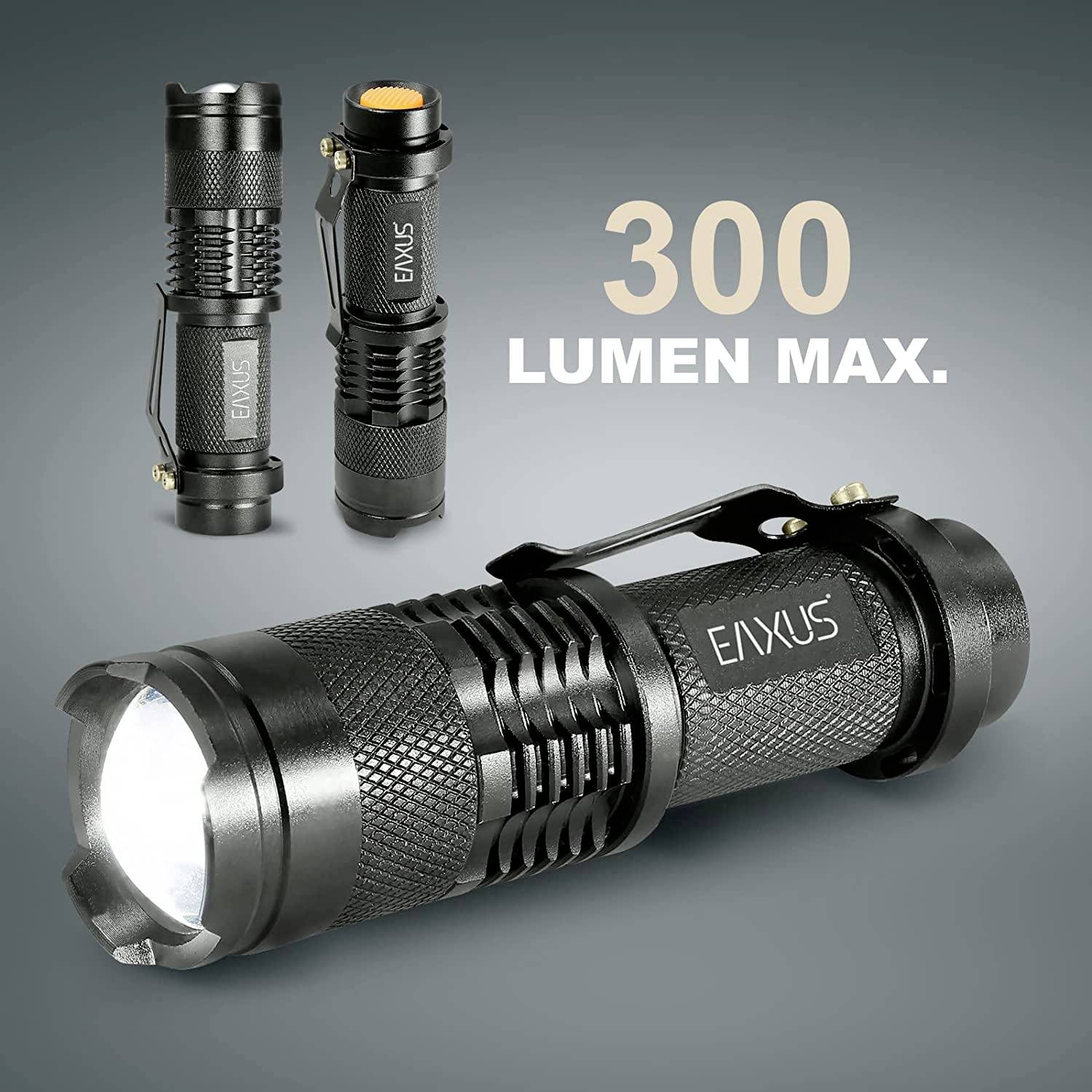 Drei schwarze Taschenlampen; eine leuchtet nach vorne. Aufschrift '300 Lumen Max'. Sie alle sind kompakt und robust designt.