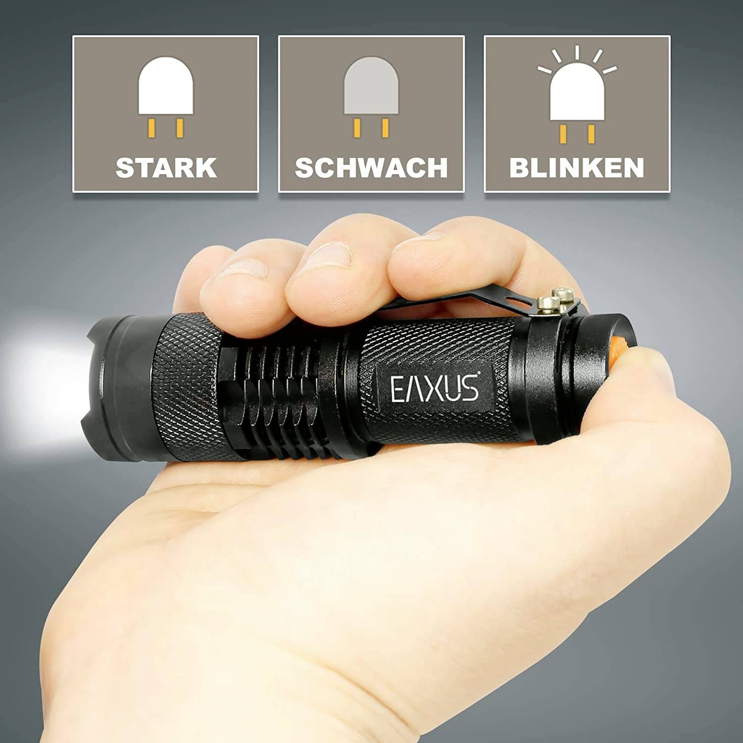 Eine Hand hält eine schwarze Taschenlampe. Oben sind drei Symbole für Modi abgebildet: 'Stark', 'Schwach' und 'Blinken'.