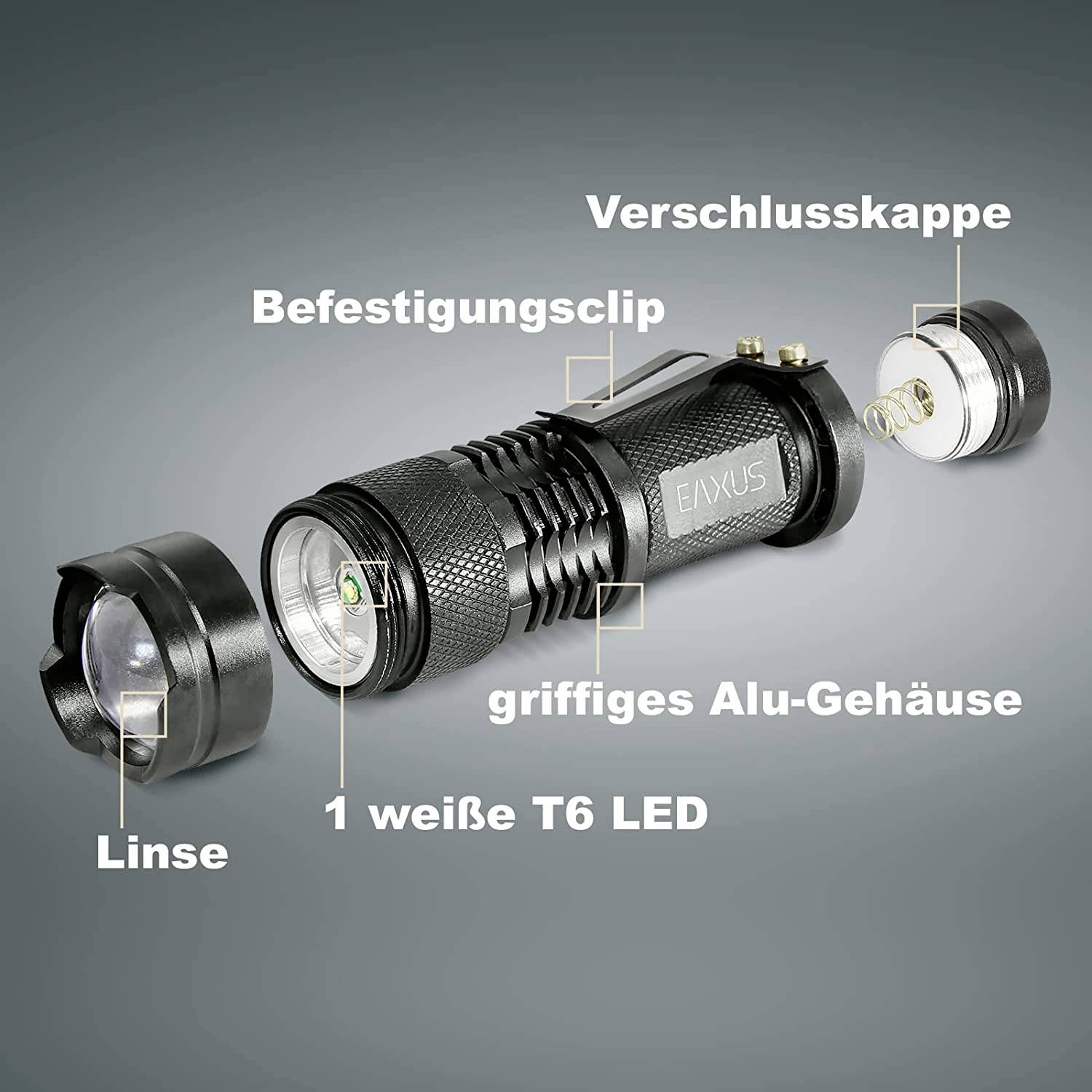 Taschenlampe mit abgenommenen Teilen: Linse, Befestigungsclip, Verschlusskappe, griffiges Alu-Gehäuse, 1 weiße T6 LED.
