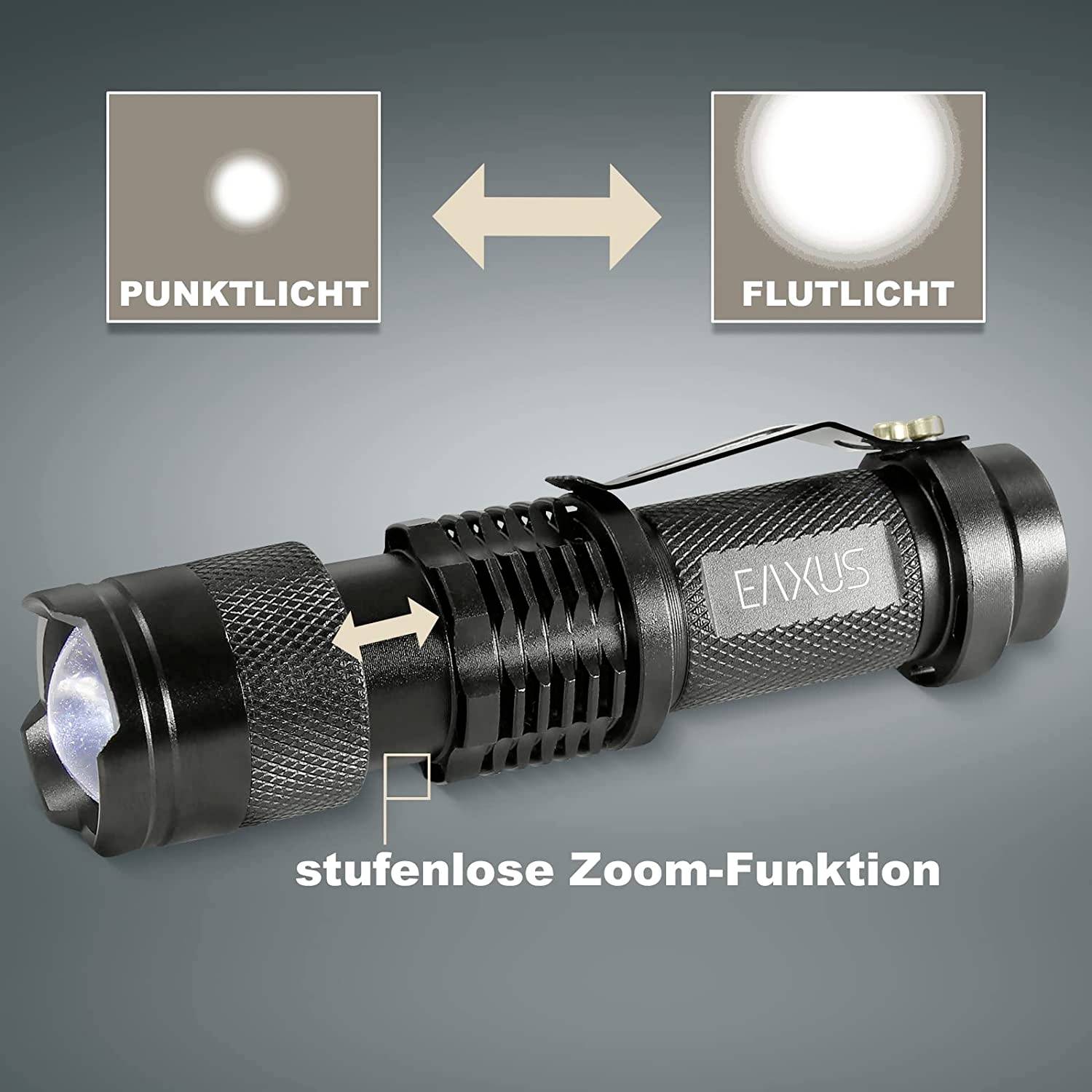 Taschenlampe mit stufenloser Zoom-Funktion, zeigt Übergang von 'Punktlicht' zu 'Flutlicht'.