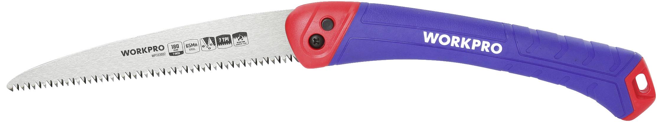 Handsäge mit blauem und rotem Griff. Die Klinge zeigt das Logo 'WORKPRO' und Symbole für verschiedene Einsatzmöglichkeiten.
