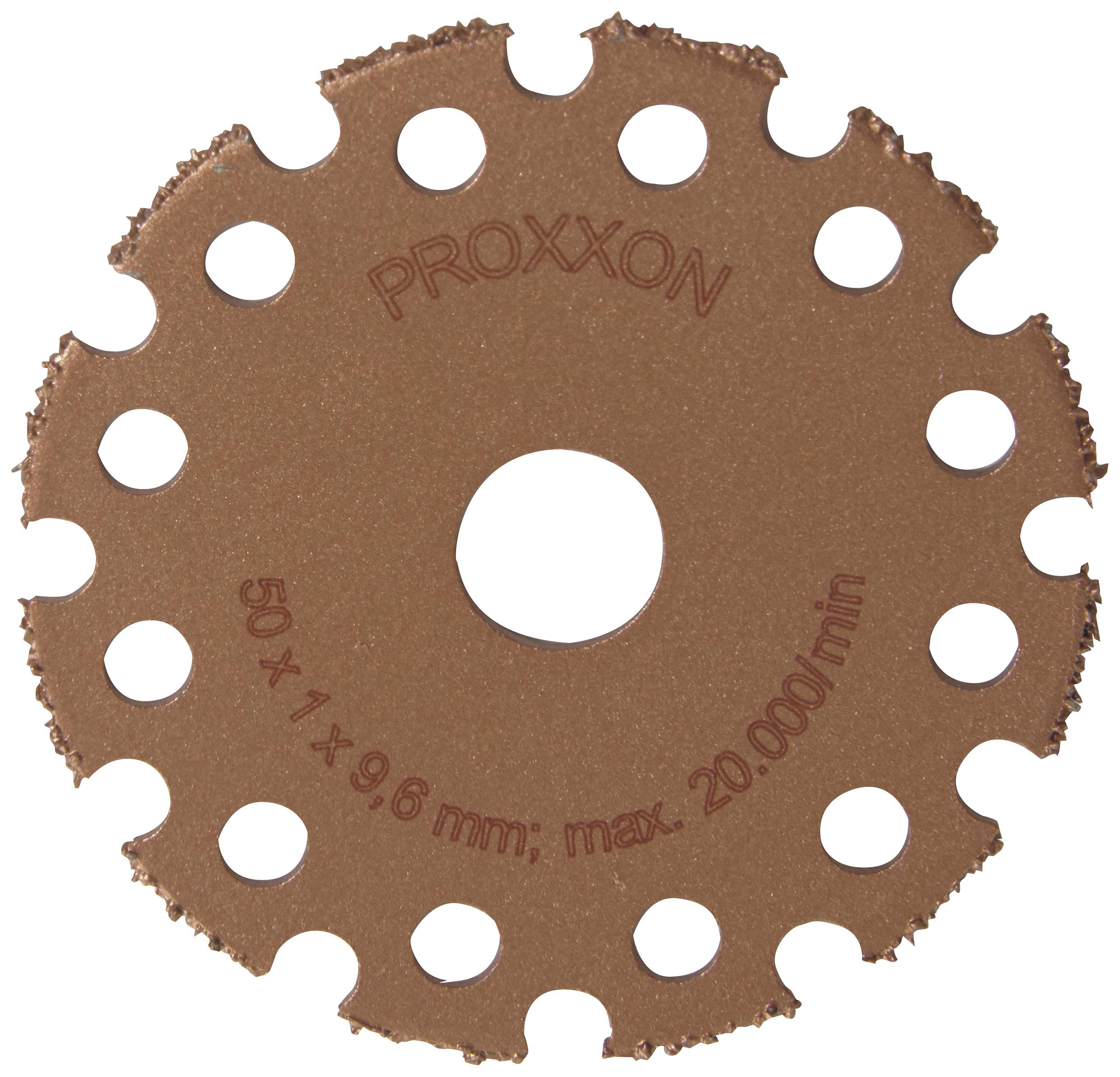 PROXXON Schleifscheibe mit Zähnen, 50 x 1 x 9,6 mm, max. 20.000/min. Braune Scheibe mit runden Löchern am Rand.