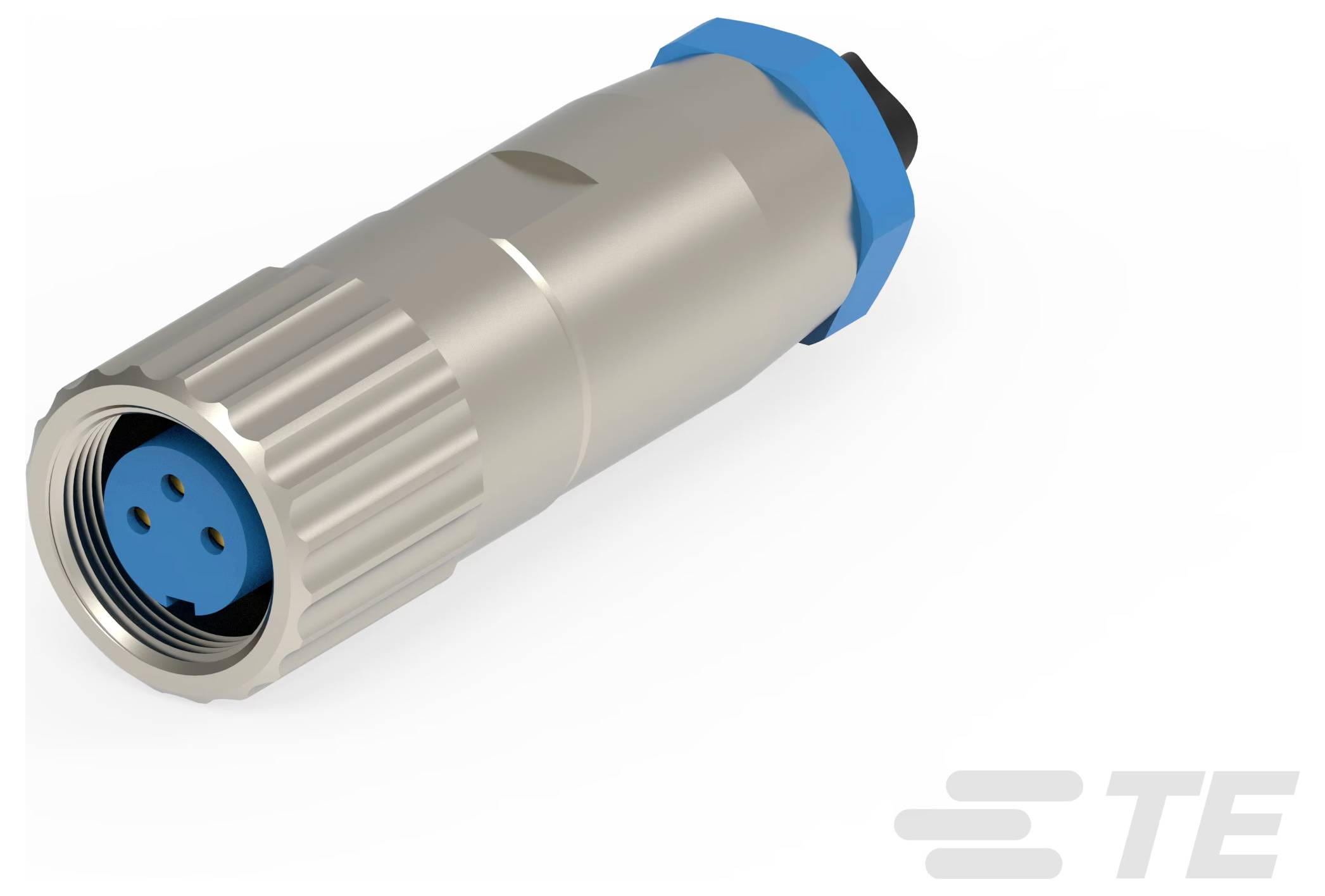 Metallischer zylindrischer Stecker mit blauem Inneren und drei kreisförmigen Stiften, entwickelt für schwere elektrische Anwendungen. Das TE-Logo ist sichtbar.