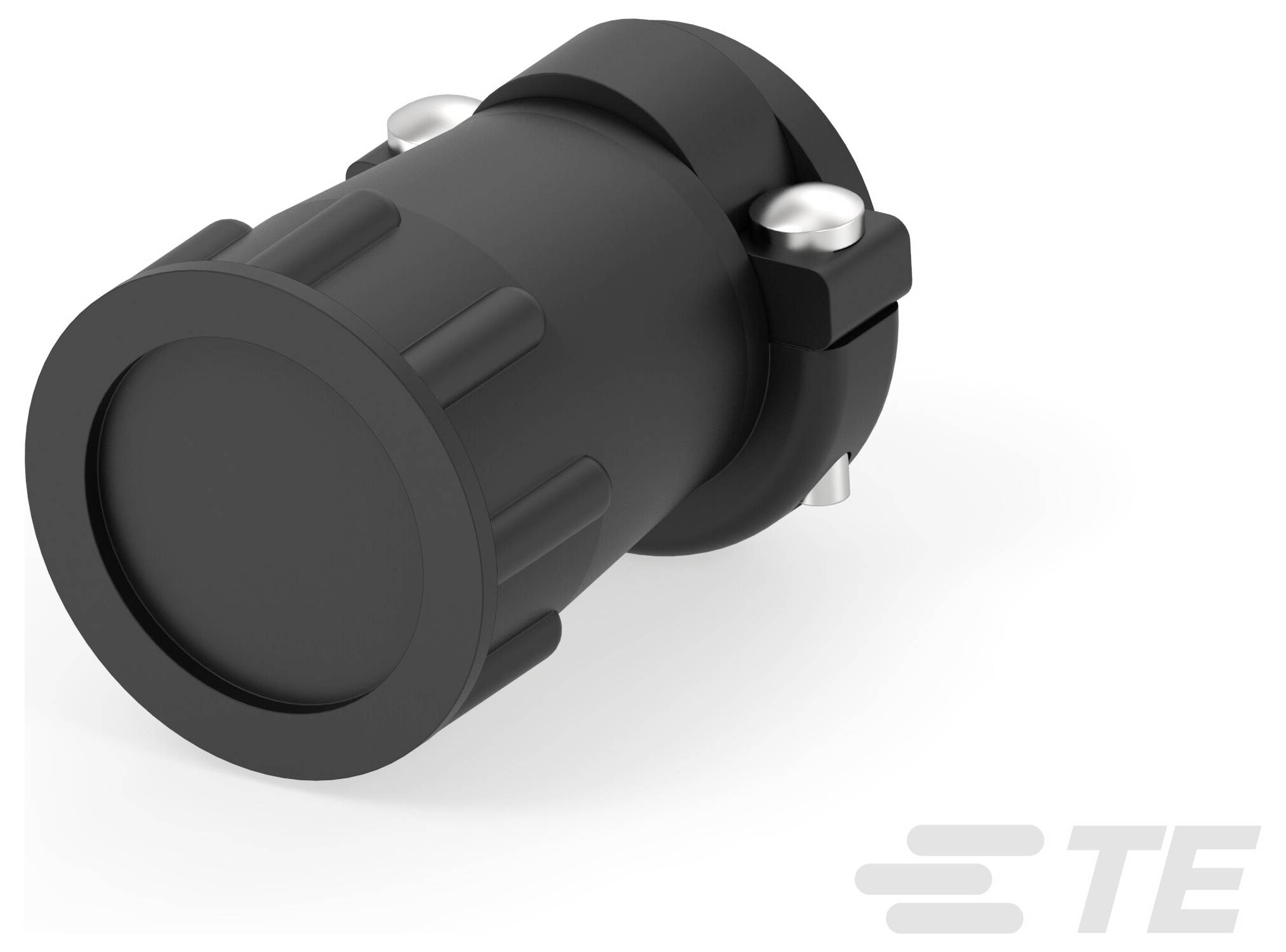 Ein schwarzer zylindrischer elektrischer Stecker mit strukturierter Oberfläche und zwei Metallschrauben an den Seiten, dargestellt in einer Schrägansicht.