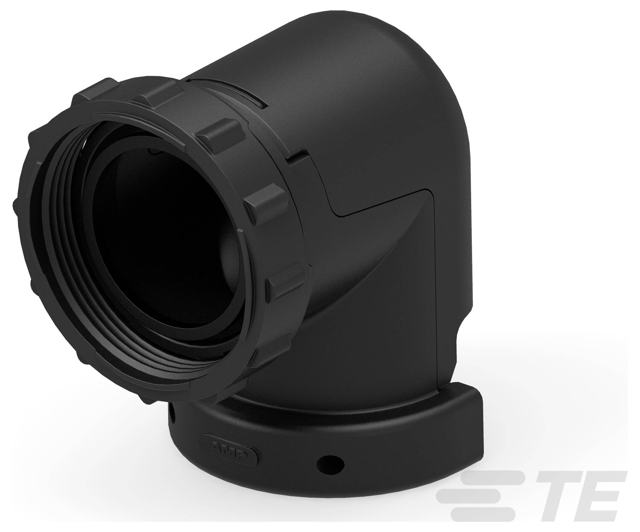 Ein schwarzer, rechtwinkliger Kabelstecker mit Schraubkupplung, für industrielle Anwendungen geeignet, mit glatter und langlebiger Ausführung.
