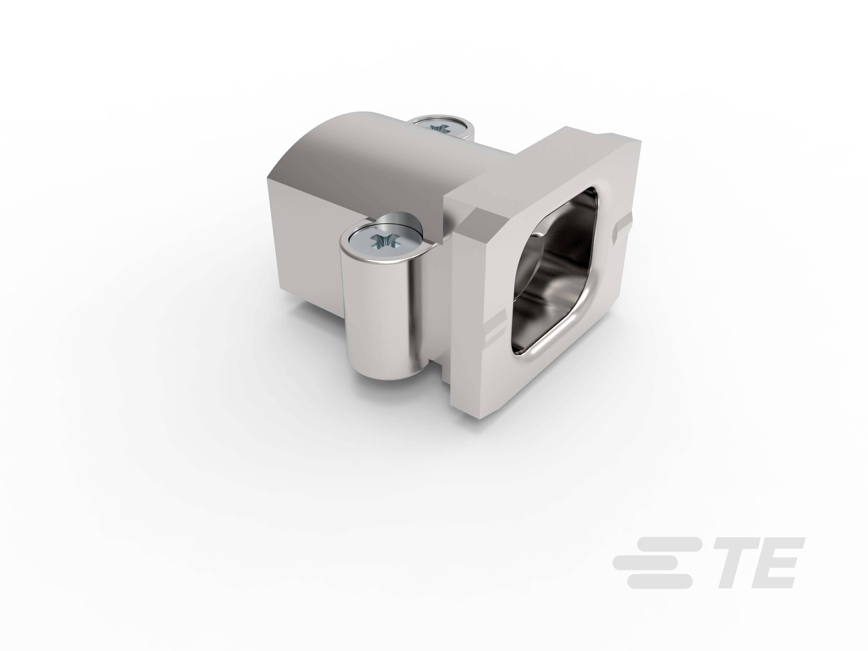 Ein silberfarbener Metalladapter mit einer rechteckigen Öffnung und zwei blauen Schrauben für mechanische Verbindungen.